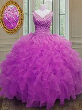 Best Sleeveless Organza Floor Length Zipper Quinceanera Dresses in Fuchsia for with Beading and Ruffles