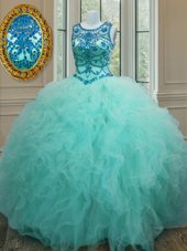 Discount Scoop Turquoise Sleeveless Beading and Ruffles Floor Length Quince Ball Gowns