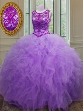 Custom Made Lavender Lace Up Scoop Beading and Ruffles Sweet 16 Quinceanera Dress Tulle Sleeveless