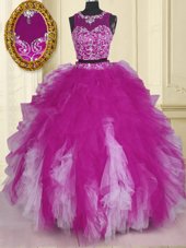 Scoop Floor Length Zipper Quinceanera Gown Fuchsia and In for Military Ball and Sweet 16 and Quinceanera with Beading and Ruffles