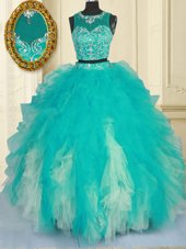 Admirable Scoop Floor Length Turquoise Ball Gown Prom Dress Tulle Sleeveless Beading and Ruffles