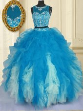 Scoop Blue And White Sleeveless Tulle Zipper Quinceanera Gown for Military Ball and Sweet 16 and Quinceanera