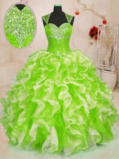 Flirting Yellow Green Ball Gowns Sweetheart Sleeveless Organza Floor Length Lace Up Beading and Ruffles 15 Quinceanera Dress