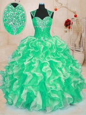 Cheap Floor Length Green Sweet 16 Quinceanera Dress Organza Sleeveless Beading and Ruffles