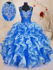 Super Sleeveless Floor Length Beading and Ruffles Lace Up Quinceanera Gowns with Royal Blue