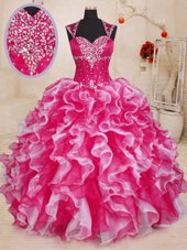 Excellent Beading and Ruffles Quinceanera Gowns White And Red Lace Up Sleeveless Floor Length