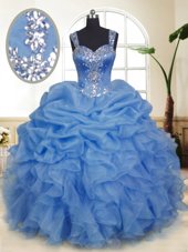 Flirting Sleeveless Organza Floor Length Zipper Quince Ball Gowns in Blue for with Beading and Ruffles and Pick Ups