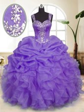 Sweet Straps Sleeveless Organza Quinceanera Gowns Beading and Ruffles and Pick Ups Zipper