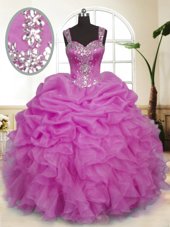 Chic Lilac Organza Zipper Sweet 16 Dresses Sleeveless Floor Length Beading and Ruffles and Pick Ups