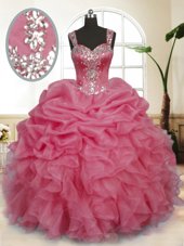 Unique Pink Ball Gowns Organza Straps Sleeveless Beading and Ruffles and Pick Ups Floor Length Zipper Vestidos de Quinceanera