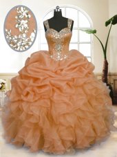 New Arrival Pick Ups Ball Gowns 15th Birthday Dress Orange Straps Organza Sleeveless Floor Length Zipper