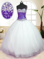 Unique White And Purple Tulle Lace Up Sweetheart Sleeveless Floor Length 15 Quinceanera Dress Beading
