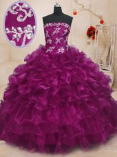 Flare Fuchsia Sleeveless Floor Length Beading and Appliques and Ruffles Lace Up Quince Ball Gowns