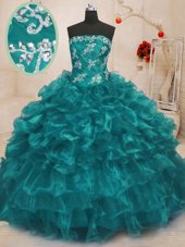 Exceptional Ball Gowns 15th Birthday Dress Turquoise Strapless Organza Sleeveless Floor Length Lace Up