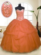 Noble Orange Ball Gowns Sweetheart Sleeveless Tulle Floor Length Zipper Sequins and Pick Ups Sweet 16 Dress