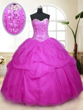 Sequins Pick Ups Fuchsia Sleeveless Tulle Lace Up 15th Birthday Dress for Military Ball and Sweet 16 and Quinceanera