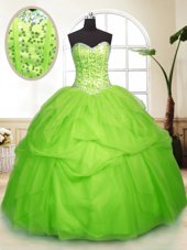 Cheap Yellow Green Sleeveless Floor Length Sequins and Pick Ups Lace Up Vestidos de Quinceanera