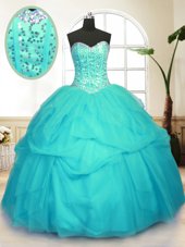 Sweetheart Sleeveless Quinceanera Dress Floor Length Sequins and Pick Ups Aqua Blue Tulle