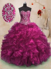 Enchanting Fuchsia Ball Gowns Sweetheart Sleeveless Organza With Train Sweep Train Lace Up Beading and Ruffles Quince Ball Gowns