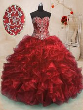 Luxurious Sweep Train Ball Gowns Ball Gown Prom Dress Wine Red Sweetheart Organza Sleeveless With Train Lace Up