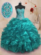 Glamorous Teal Ball Gowns Sweetheart Sleeveless Organza With Train Sweep Train Lace Up Beading and Ruffles Ball Gown Prom Dress