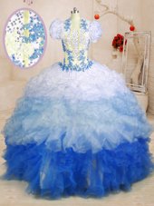 Custom Fit Multi-color Sleeveless Beading and Appliques and Ruffles With Train Quinceanera Gown