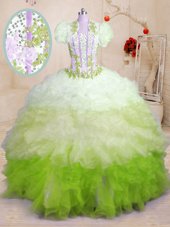 Super Multi-color Ball Gowns Beading and Appliques and Ruffles Quinceanera Dress Lace Up Organza Sleeveless With Train