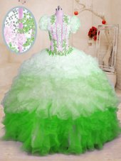 Popular Organza Sweetheart Sleeveless Brush Train Lace Up Beading and Appliques and Ruffles 15th Birthday Dress in Multi-color