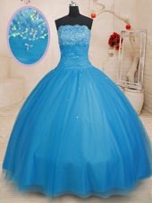Dazzling Light Blue Ball Gowns Tulle Strapless Sleeveless Beading Floor Length Lace Up Vestidos de Quinceanera