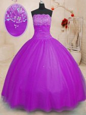 Glorious Purple Ball Gowns Beading Quinceanera Gowns Lace Up Tulle Sleeveless Floor Length