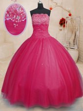 Ideal Ball Gowns Sweet 16 Dress Coral Red Off The Shoulder Tulle Sleeveless Floor Length Lace Up