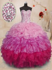 Super Sleeveless Organza Floor Length Lace Up Quinceanera Gowns in Multi-color for with Beading and Ruffles