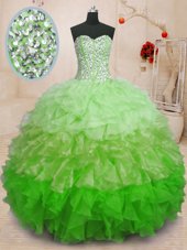 Super Sweetheart Sleeveless 15th Birthday Dress Floor Length Beading and Ruffles Multi-color Organza