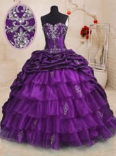 Top Selling Purple Ball Gowns Sweetheart Sleeveless Organza and Taffeta With Train Sweep Train Lace Up Beading and Appliques and Ruffled Layers and Pick Ups Quinceanera Gowns