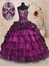 Enchanting Pick Ups Purple Sleeveless Organza and Taffeta Sweep Train Lace Up Quinceanera Dress for Military Ball and Sweet 16 and Quinceanera