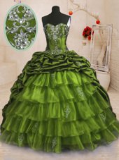 Sweet Organza and Taffeta Sweetheart Sleeveless Sweep Train Lace Up Beading and Appliques and Ruffled Layers and Pick Ups Ball Gown Prom Dress in Olive Green