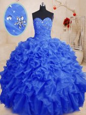 Cheap Sleeveless Floor Length Beading and Ruffles Lace Up Quinceanera Gowns with Royal Blue