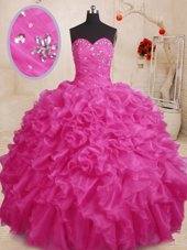 Admirable Hot Pink Ball Gowns Beading and Ruffles 15 Quinceanera Dress Lace Up Organza Sleeveless Floor Length