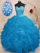 Exquisite Floor Length Lace Up Quinceanera Gowns Blue and In for Military Ball and Sweet 16 and Quinceanera with Beading and Ruffles