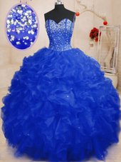 Attractive Royal Blue Sweetheart Lace Up Beading and Ruffles Quinceanera Gowns Sleeveless