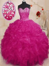 Customized Fuchsia Organza Lace Up Quinceanera Gown Sleeveless Floor Length Beading and Ruffles