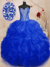 Glittering Sleeveless Organza Floor Length Lace Up Quinceanera Gown in Royal Blue for with Beading and Ruffles