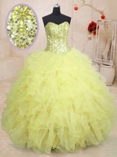Discount Light Yellow Sleeveless Organza Lace Up Quince Ball Gowns for Military Ball and Sweet 16 and Quinceanera