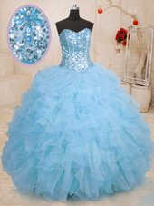 Charming Baby Blue Sleeveless Organza Lace Up Quinceanera Gown for Military Ball and Sweet 16 and Quinceanera