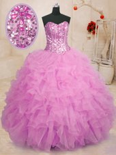 Chic Sleeveless Organza Floor Length Lace Up Sweet 16 Quinceanera Dress in Lilac for with Beading and Ruffles