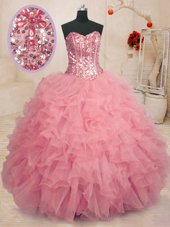 Nice Baby Pink Lace Up Quinceanera Dress Beading and Ruffles Sleeveless Floor Length