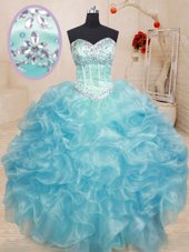 Classical Floor Length Lace Up Sweet 16 Quinceanera Dress Aqua Blue and In for Military Ball and Sweet 16 and Quinceanera with Beading and Ruffles