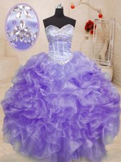 Stunning Lavender Ball Gowns Beading and Ruffles Sweet 16 Dress Lace Up Organza Sleeveless Floor Length