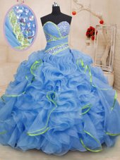 Fantastic Light Blue Sleeveless Organza Brush Train Lace Up Ball Gown Prom Dress for Military Ball and Sweet 16 and Quinceanera