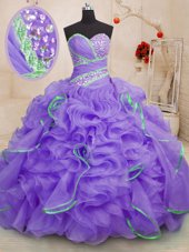 Extravagant Sweetheart Sleeveless Quinceanera Gown With Brush Train Beading and Ruffles Lavender Organza